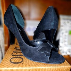 Faux suede heels with bow embellishment